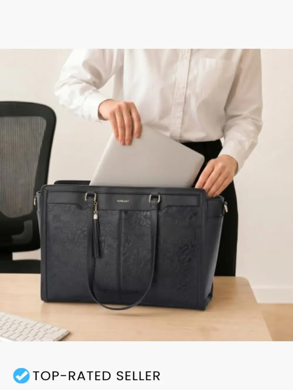 Vintage Laptop Tote Bag Embossed Vegan Leather 15.6 Inch Work Shoulder Bag